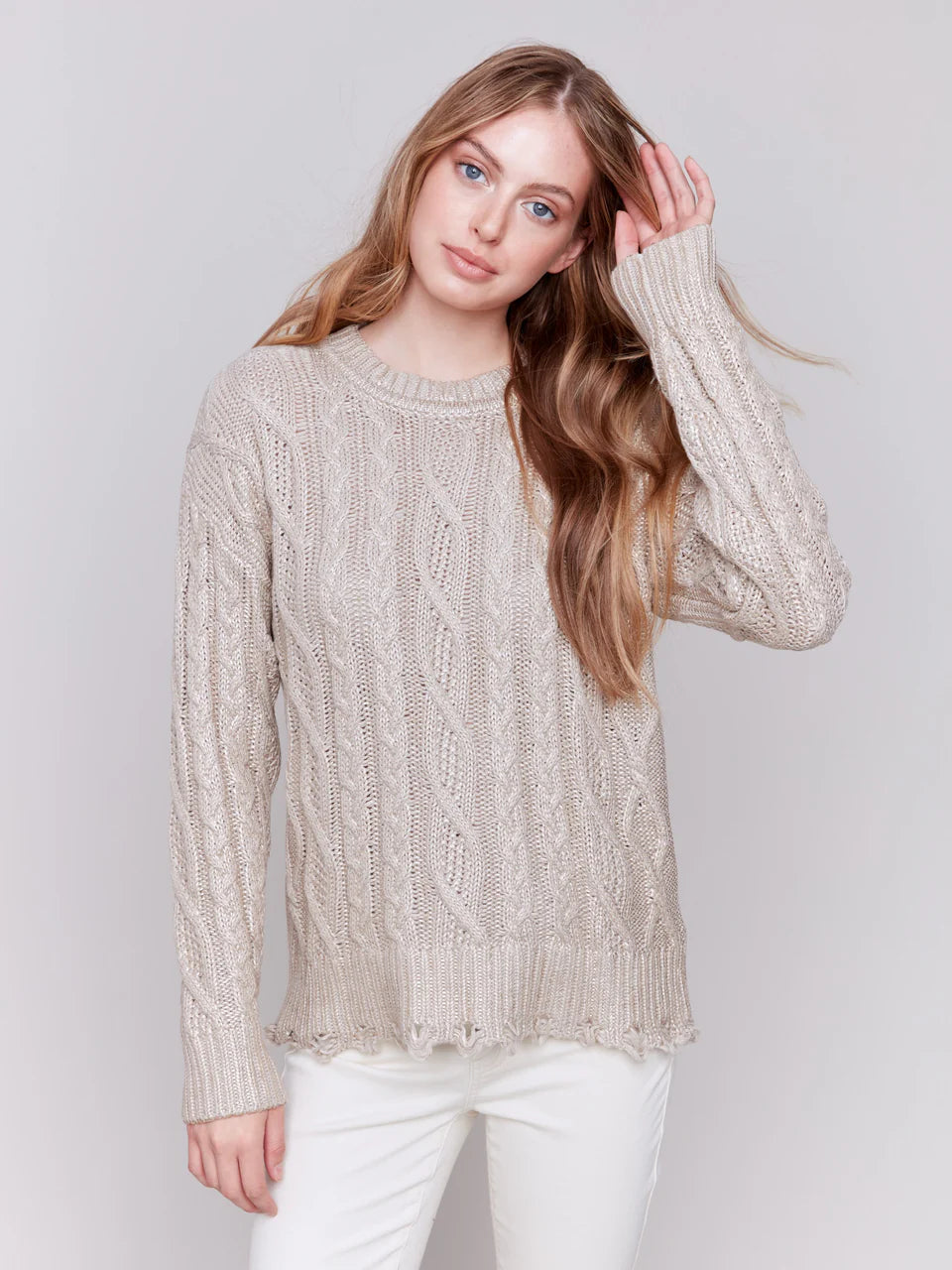 casual sweatshirt tops for laid-back days-*SALE* CHARLIE B METALLIC CABLE KNIT SWEATER