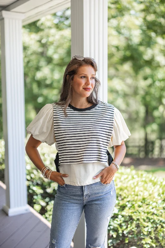 trendy cold-shoulder tops for chic fashion-Chic Duet Black Striped Top