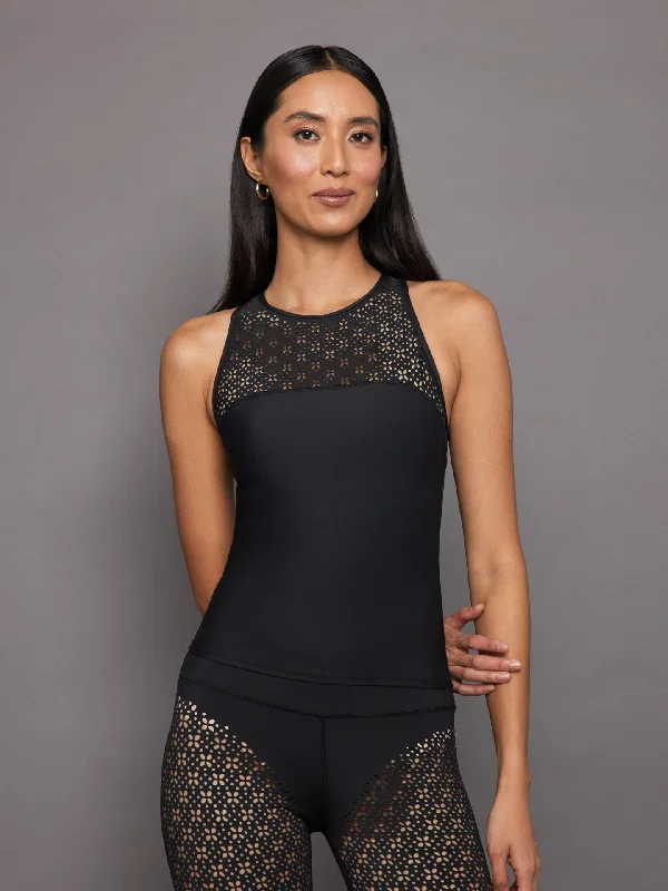 cute tops for date night-High Neck Laser Cut Tank in Diamond Compression - Black