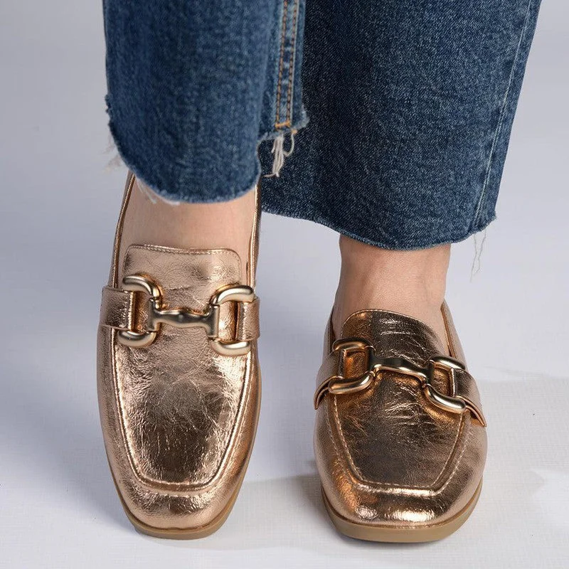 Flats with textured canvas weave-Madison Polly Loafer With Gold Metal Trim Detail - Rose Gold