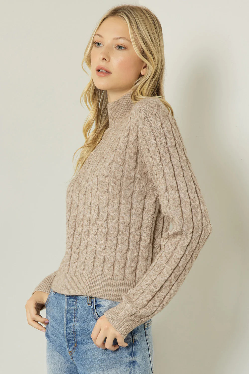 comfortable knit tops for all-day wear-Simplicity Taupe Cable Knit Sweater