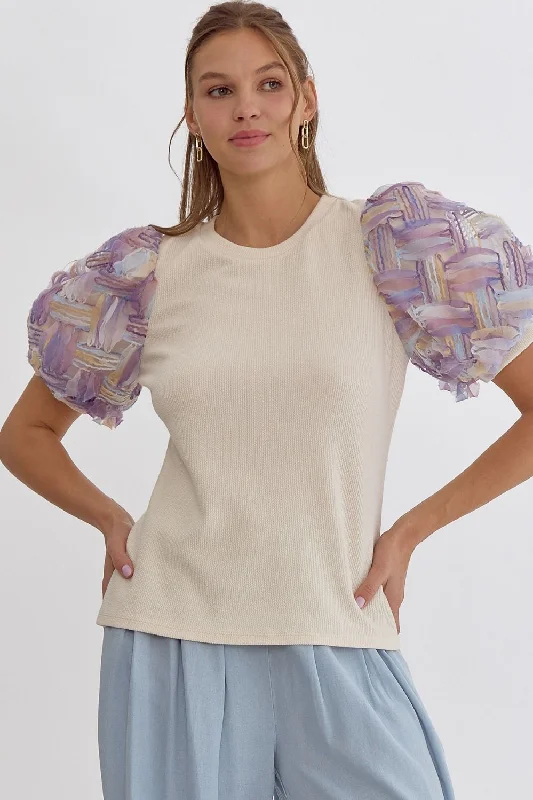 colorful blouse tops for adding flair-Perfectly Puffed Textured Cream Top