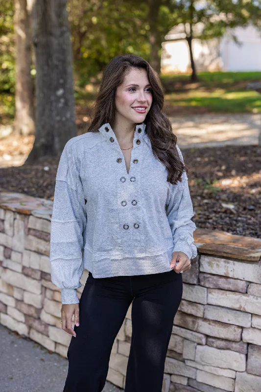 zip-up tops for versatile styling-Eyelet Adorned Grey Knit Pullover