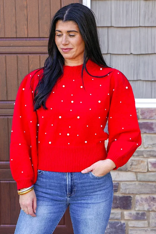 soft knit tops for cozy comfort-Happiness Awaits Red Pearl Sweater