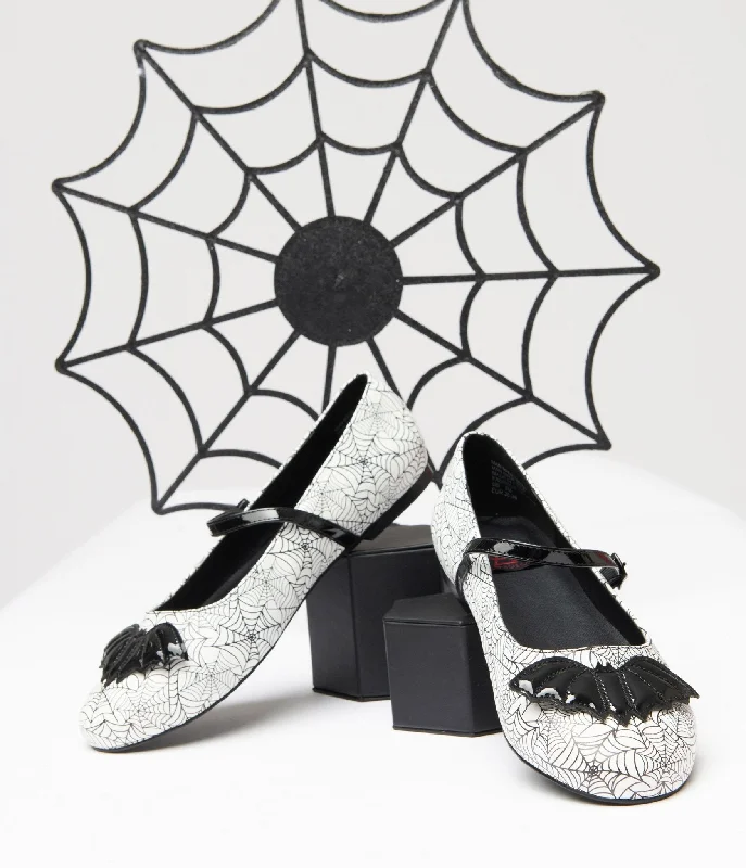 Flats with affordable pack savings-White & Black Bat Spiderweb Mary Jane Flats