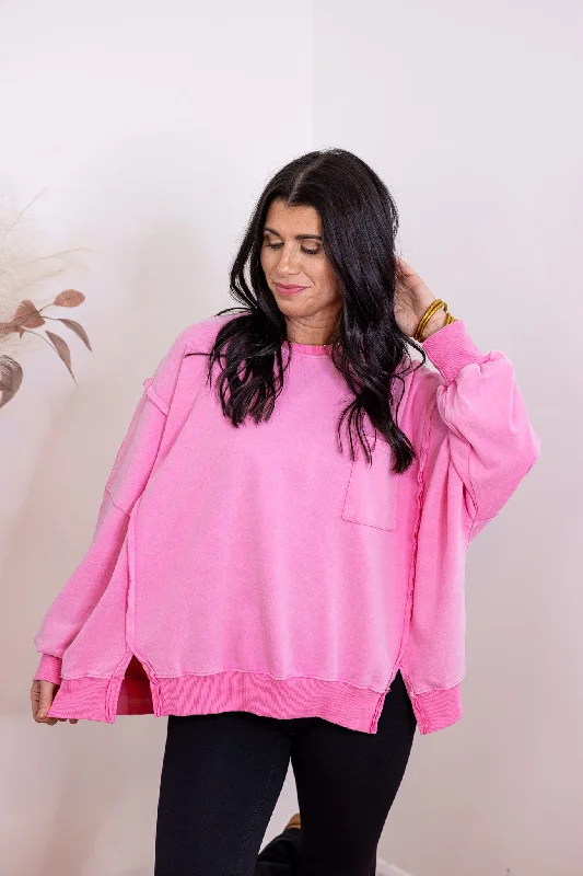 casual button-up tops for women-Trending On Washed Pink Pullover