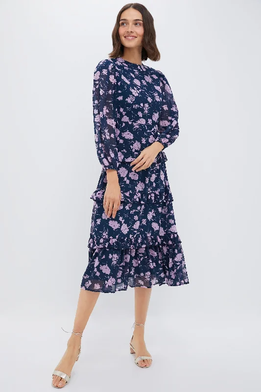 Casual cotton midi dresses-Navy & Blush Abstract Floral Rosalind Ruffle Maxi Dress