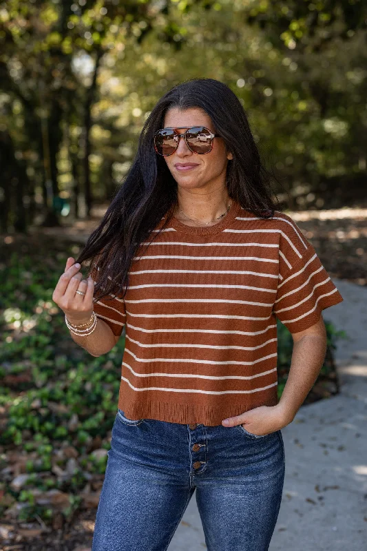 frill tops for trendy detailing-Sweet Love Rust Striped Top