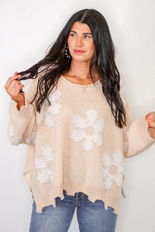 long-sleeve fitted tops for polished looks-Pearl Embellished Daisy Natural Sweater