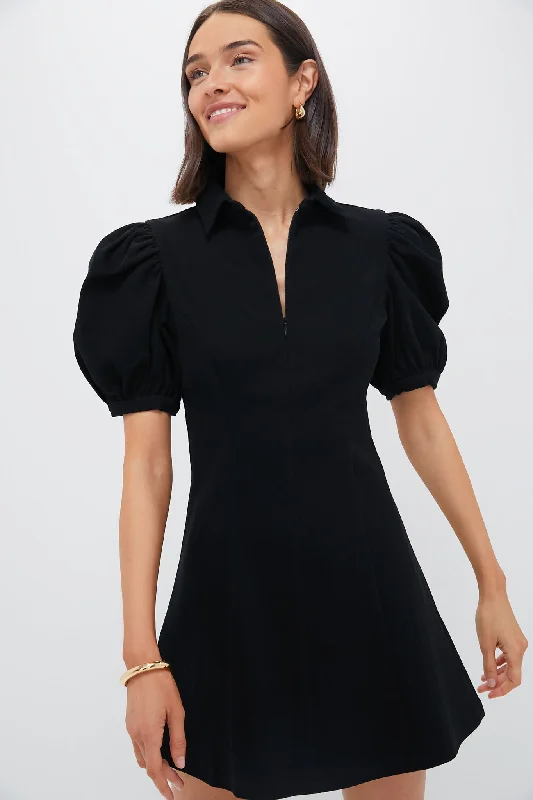 Traditional cultural dresses-Black Front Zip Denim Mini Dress