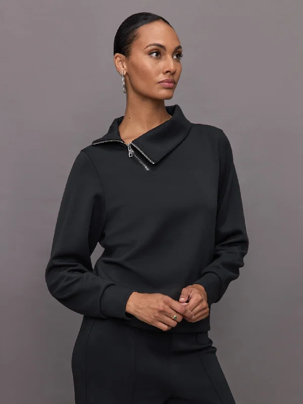 button-up shirt tops for business casual-Half Zip Asymmetrical Pullover in Interlock - Black