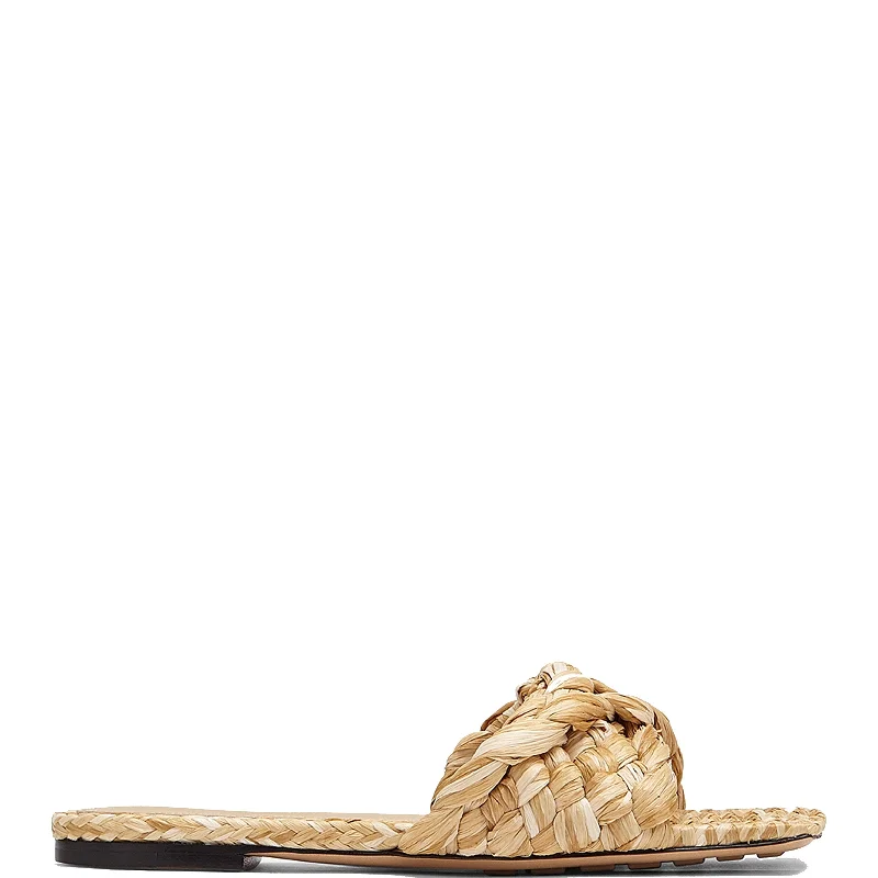 Flats with geometric modern appeal-Twisted Rafia Flat Slide, Macadamia