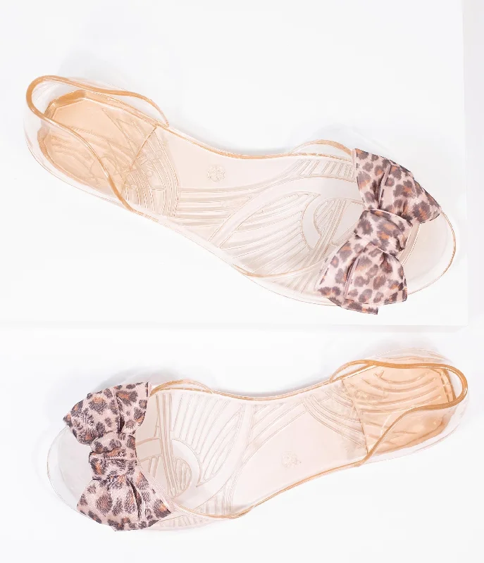 Flats with synthetic lightweight texture-Champagne Jelly & Leopard Bow Peep Toe Selena Flats