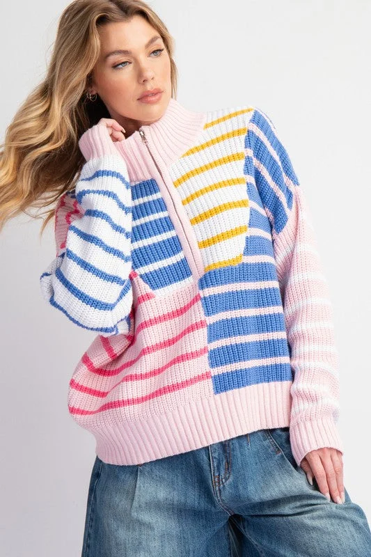 high-neck tops for winter style-Striped Infatuation Pink Colorblock Sweater