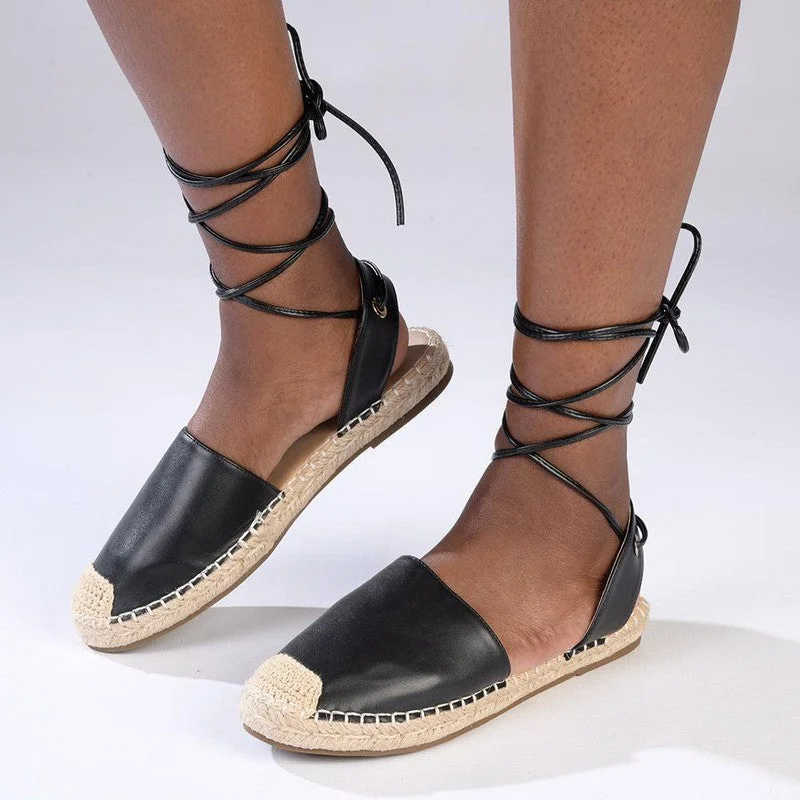 Flats with sustainable leather finish-Madison Clementine Plain Vamp Espadrille - Black