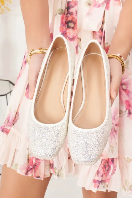 Flats with organic cotton softness-SILVER GLITTER DETAIL BALLET FLATS SLIP ON BALLERINA SHOES