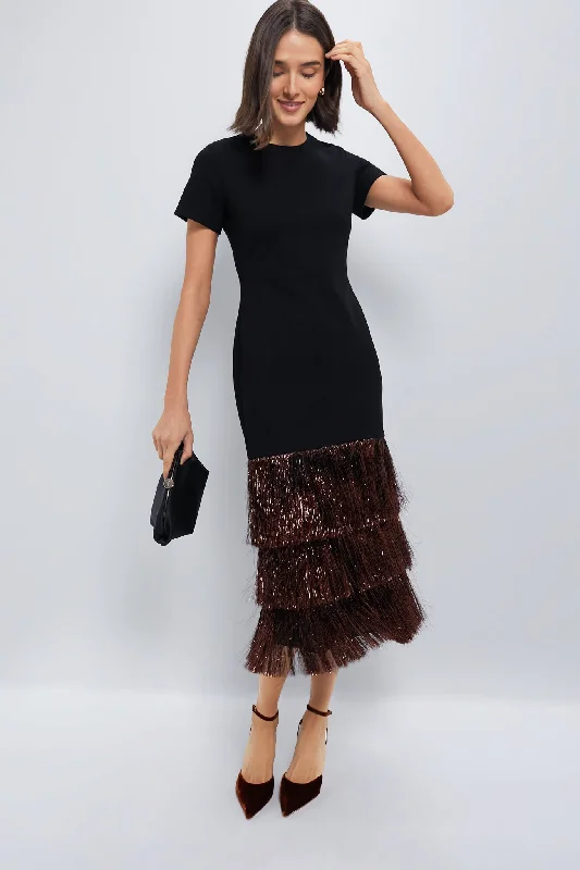 Stylish shirt mini dresses-Black & Bronze Metallic Fringe Francie Short Sleeve Maxi Dress