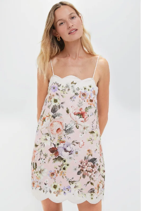 Modern slip midi dresses-Pink Floral Acacia Scallop Mini Dress