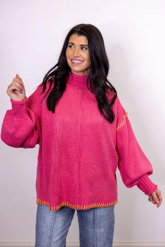 sleeved tops for transitional weather-In Stitches Pink Colorblock Sweater