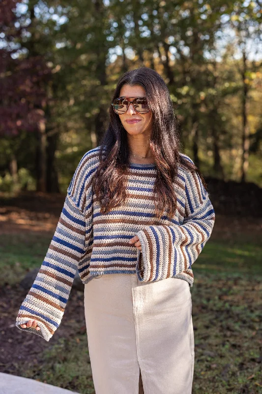 soft knit tops for all-day comfort-Striped Bliss Navy Crochet Sweater