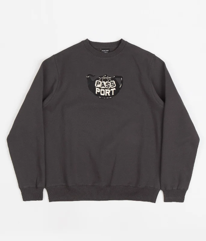 Hoodies & sweatshirts with light cotton texture-Pass Port Tea Pot Embroidery Crewneck Sweatshirt - Tar