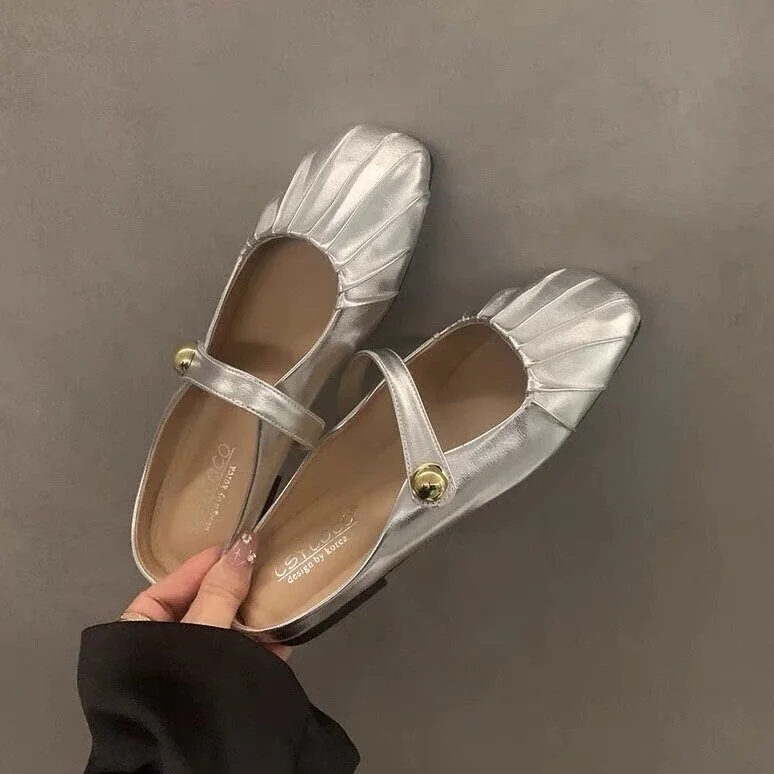 Flats with deep onyx richness-Women Cute Mary Jane Shoes, Vintage Slides, Ballerina Retro Square Toe Flats Heels, Ballet Silver White Black Pleated Square Head Slip Ons