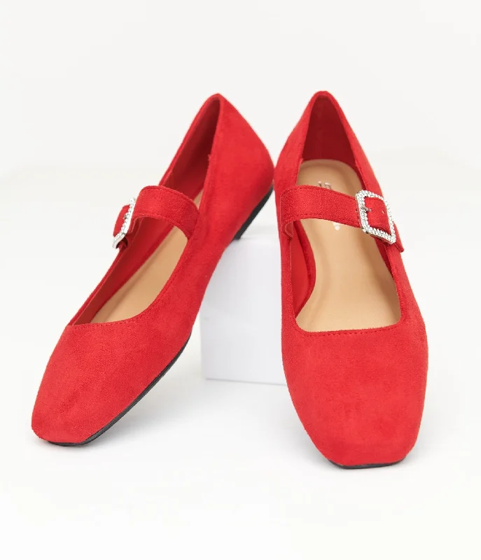 Flats with canvas cushioned charm-1960s Red Suede Rhinestone Buckle Mary Jane Flats