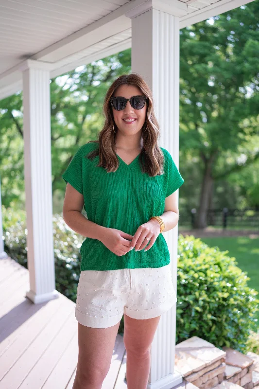 button-front blouses for professional wear-Summer Expectations Green Textured Top