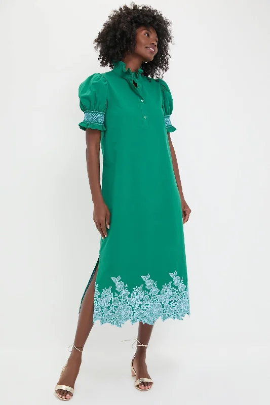 Polka dot sundresses-Green & Baby Blue Embroidery Eliza Midi Dress