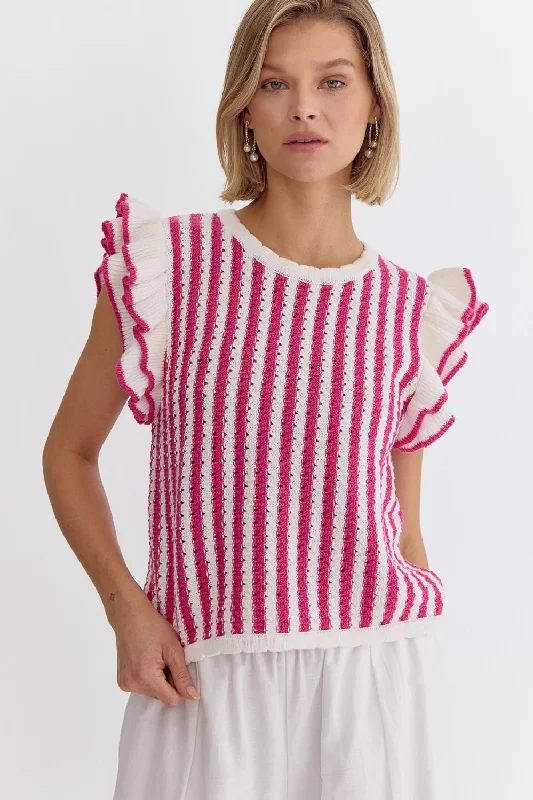 high-neck blouses for sophisticated looks-Ruffled Stripes Hot Pink Top