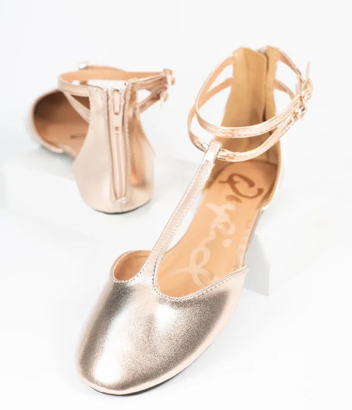 Flats with smooth suede sheen-Rose Gold Patent Leatherette Bee T-Strap Flats