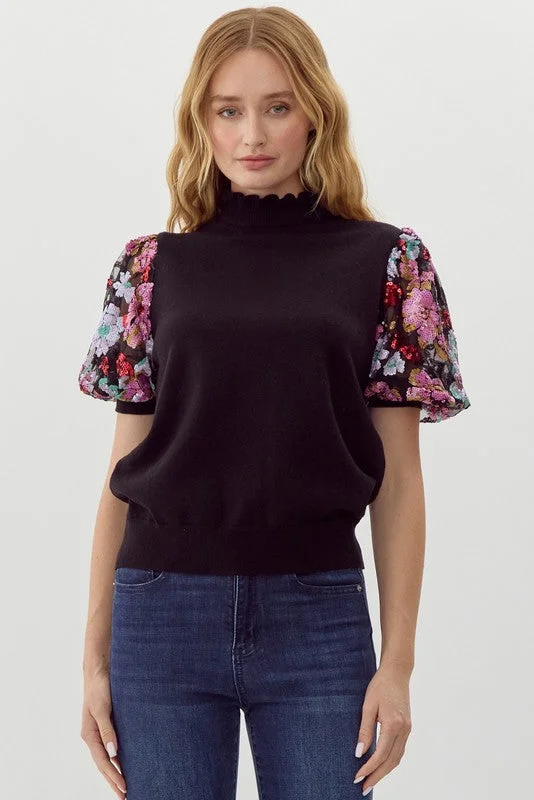 blouse tops for professional settings-Sequin Puff Sleeve Black Top