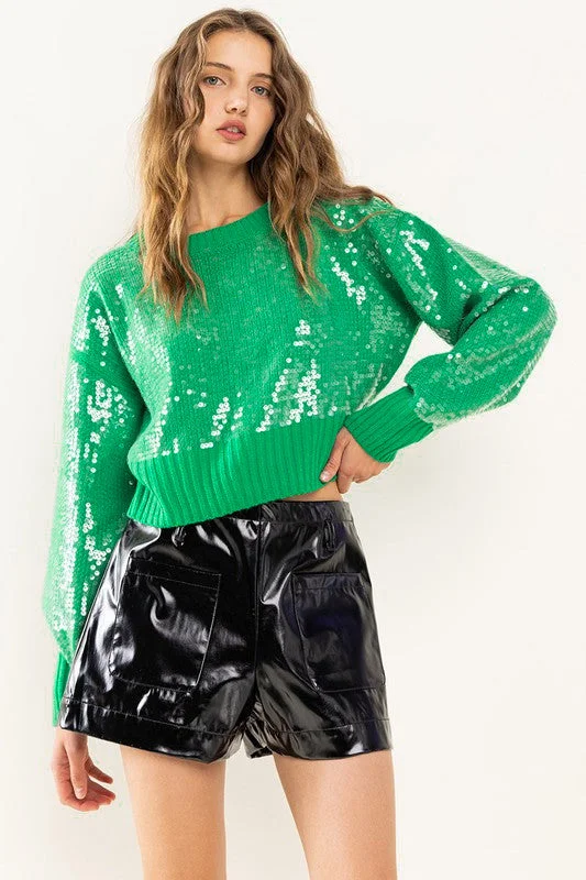 sporty tops for active women-Tis The Sequin Green Sweater