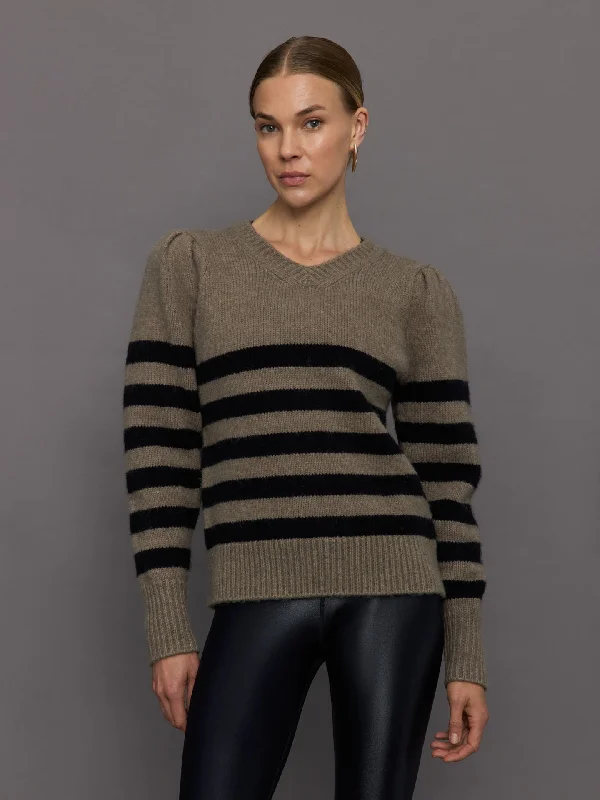 fleece-lined tops for added warmth-Striped Puff Sleeve Sweater - Stone/ Black