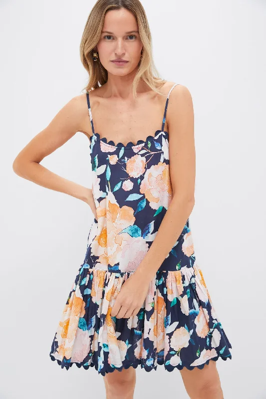 Classy cocktail midi dresses-Midnight and Multi Cami Dress in Peony Print with Ric Rac Trim