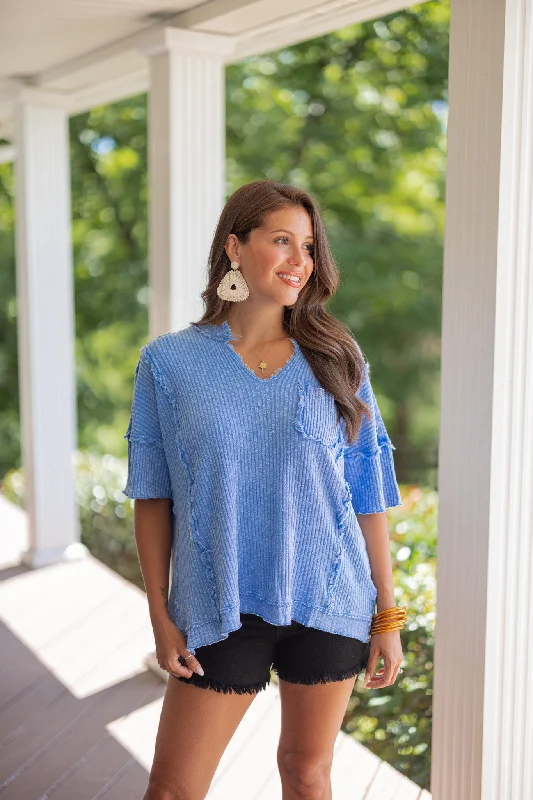 fitted long-sleeve tops for cool weather-Cozy Perfection Washed Blue Top