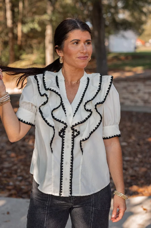 plaid tops for casual autumn looks-Ruffled Frills Embroidered Cream Top