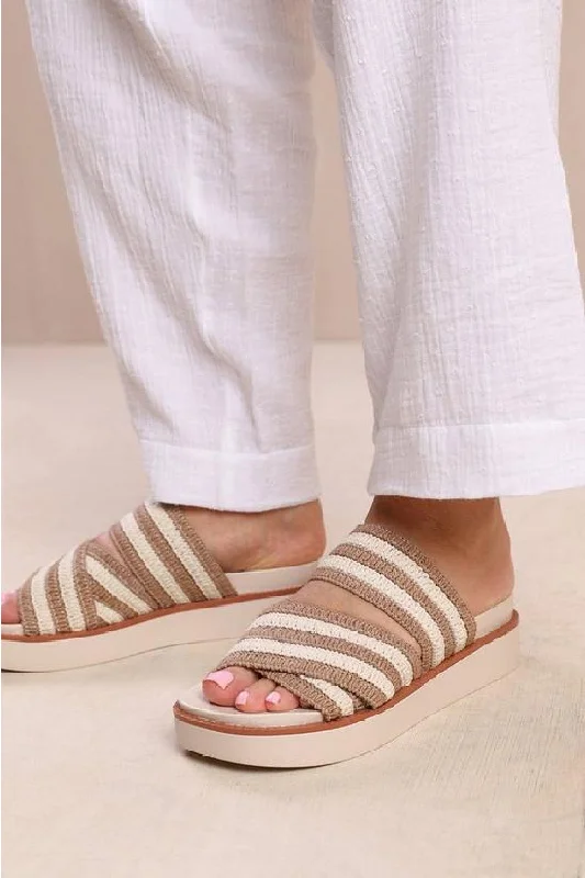 Flats with polka dot cozy design-MOCHA BEIGE WOVEN CROSS STRAP FLATFORM SLIDER SANDAL