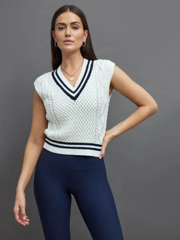 high-neck tops for winter style-STRIPED CROPPED SWEATER VEST - IVORY W/ NAVY