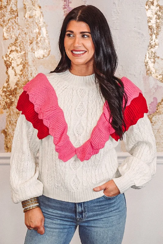 cozy fleece tops for comfort in winter-Cable Knit Frills Cream Sweater