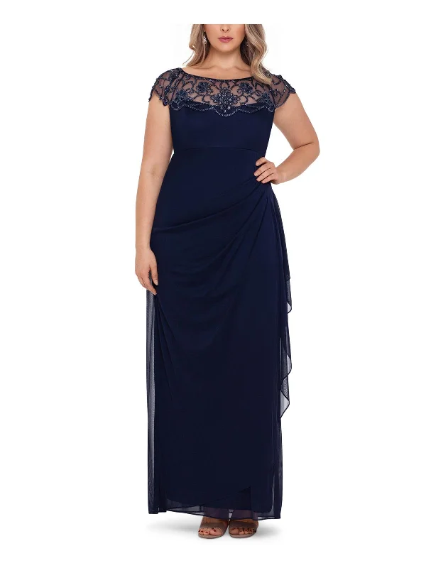 Classy sheath maxi dresses-Plus Womens Embellished Ruched Evening Dress