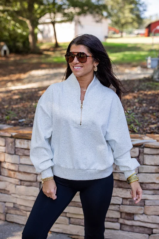 wool sweater tops for cool weather-Luxe Knit Grey Zip Pullover