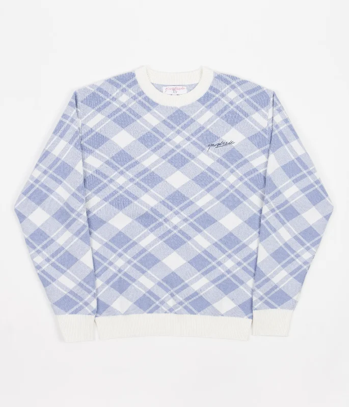 Hoodies & sweatshirts with affordable pricing deals-Yardsale Plaid Knitted Crewneck Sweatshirt - Sky Blue / White