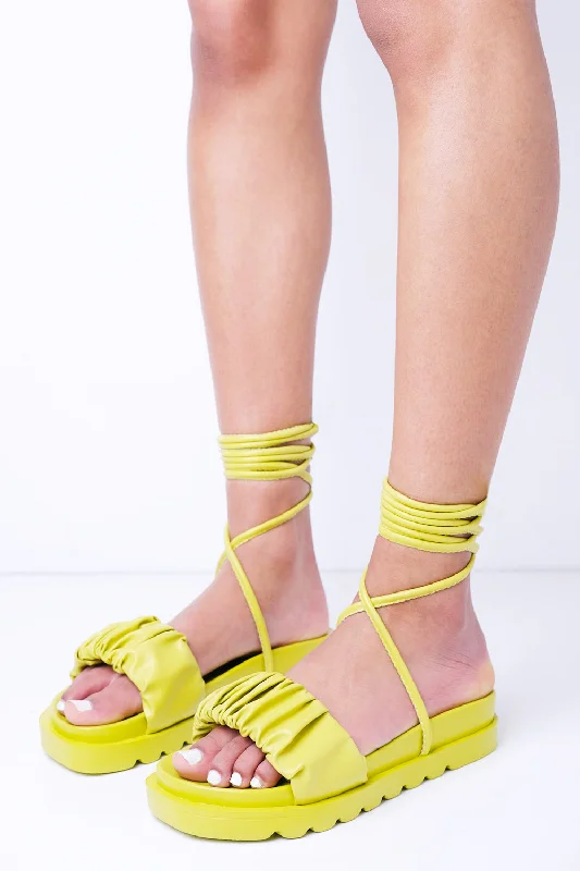 Flats with leather breathable sole-Lime Flatform Sandal with Ruched Strap & Lace Up Detail