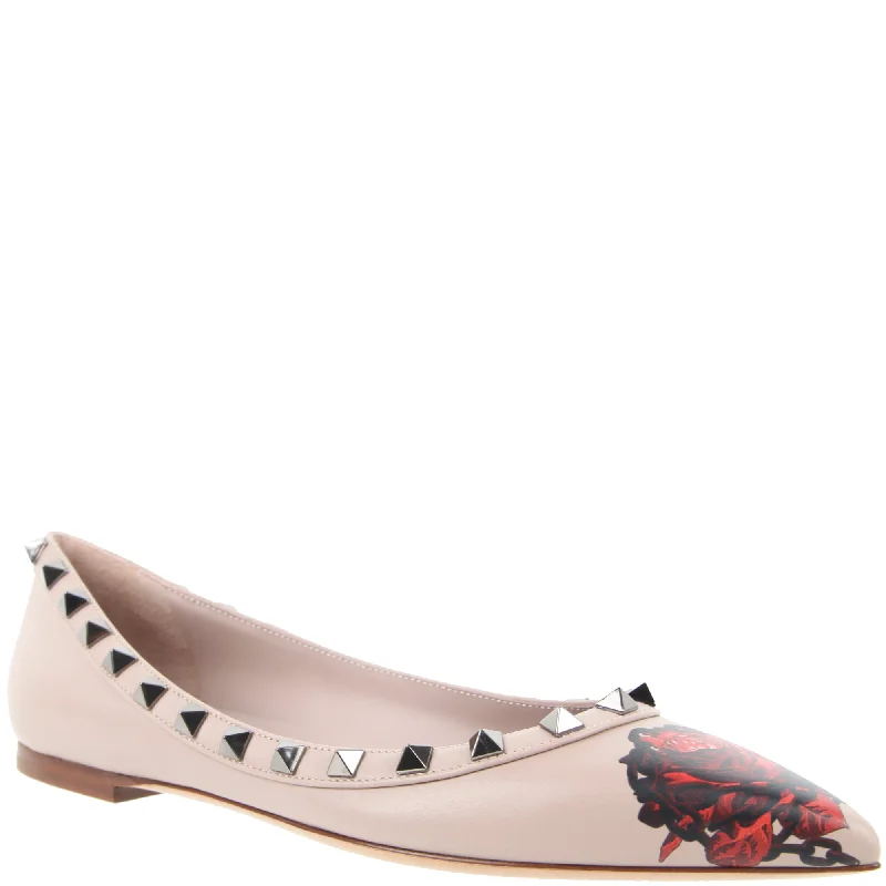 Flats with sustainable leather weave-Undercover x Rockstud Ballerina Nappa Rose Print, Poudre