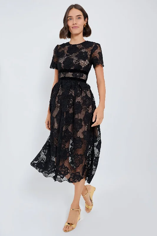 Romantic evening maxi dresses-Black Lace Velvet Bow Midi Dress