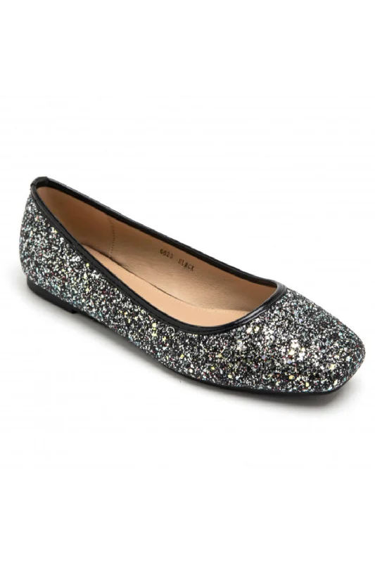 Flats with hypoallergenic rubber-BLACK GLITTER DETAIL BALLET FLATS SLIP ON BALLERINA SHOES