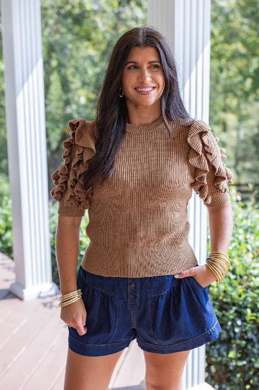 cap sleeve tops for summer vibes-Ruffled Feelings Toffee Knit Sweater