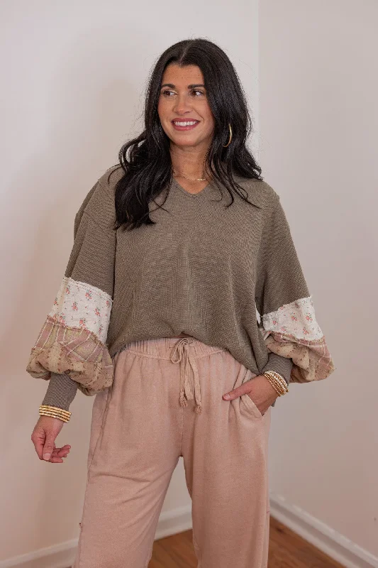 sheer tops for delicate layers-Waffle Knit Patchwork Mocha Top