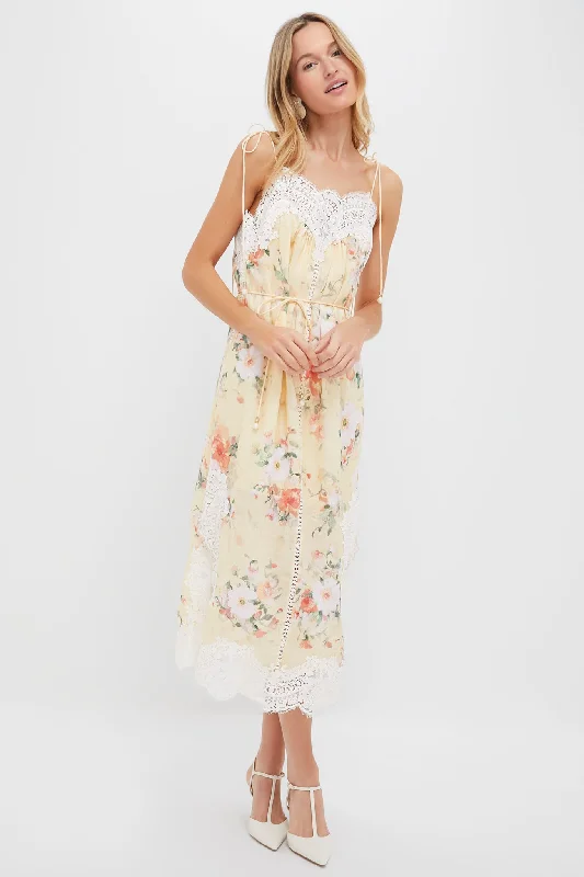 Tiered boho dresses-Yellow Watercolour Floral Everley Lace Trim Slip Dress